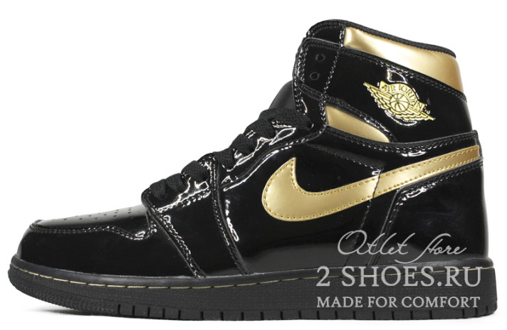 Кроссовки Nike Air Jordan 1 High Black Metallic Gold 555088-032 черные, кожаные